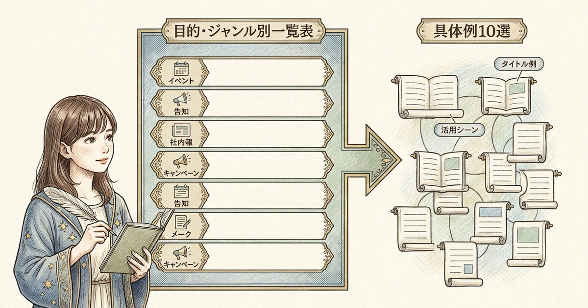 企画タイトルの例を50個、目的とジャンル別に整理して紹介する