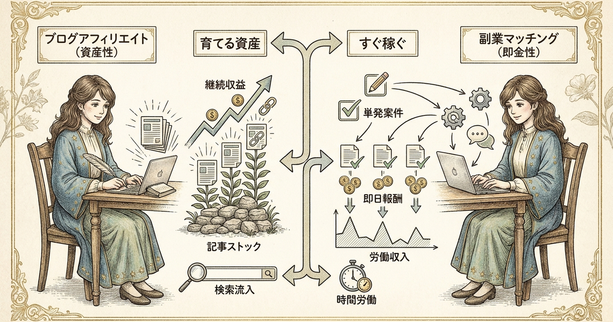 ブログアフィリエイトが持つ資産性と副業マッチングの即金性