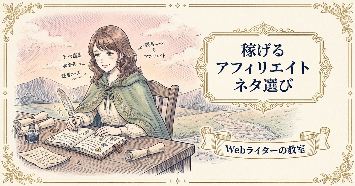 アフィリエイトブログのネタ選び、稼げるテーマと記事内容の決め方の解説イメージ
