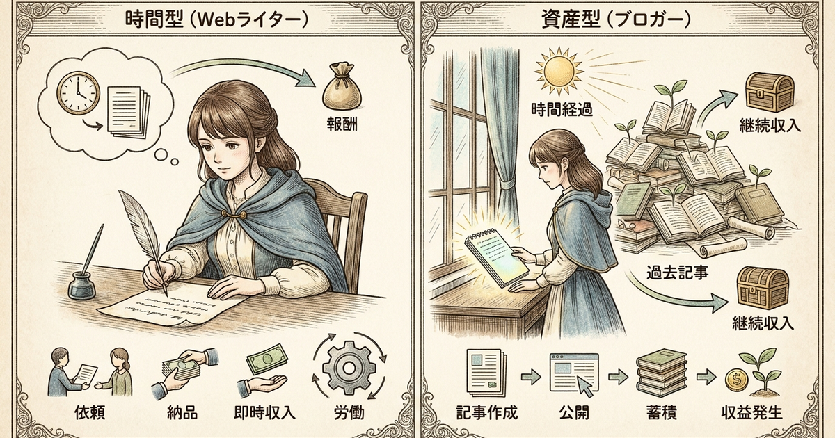Webライターは「時間型」、ブロガーは「資産型」で報酬が生まれる