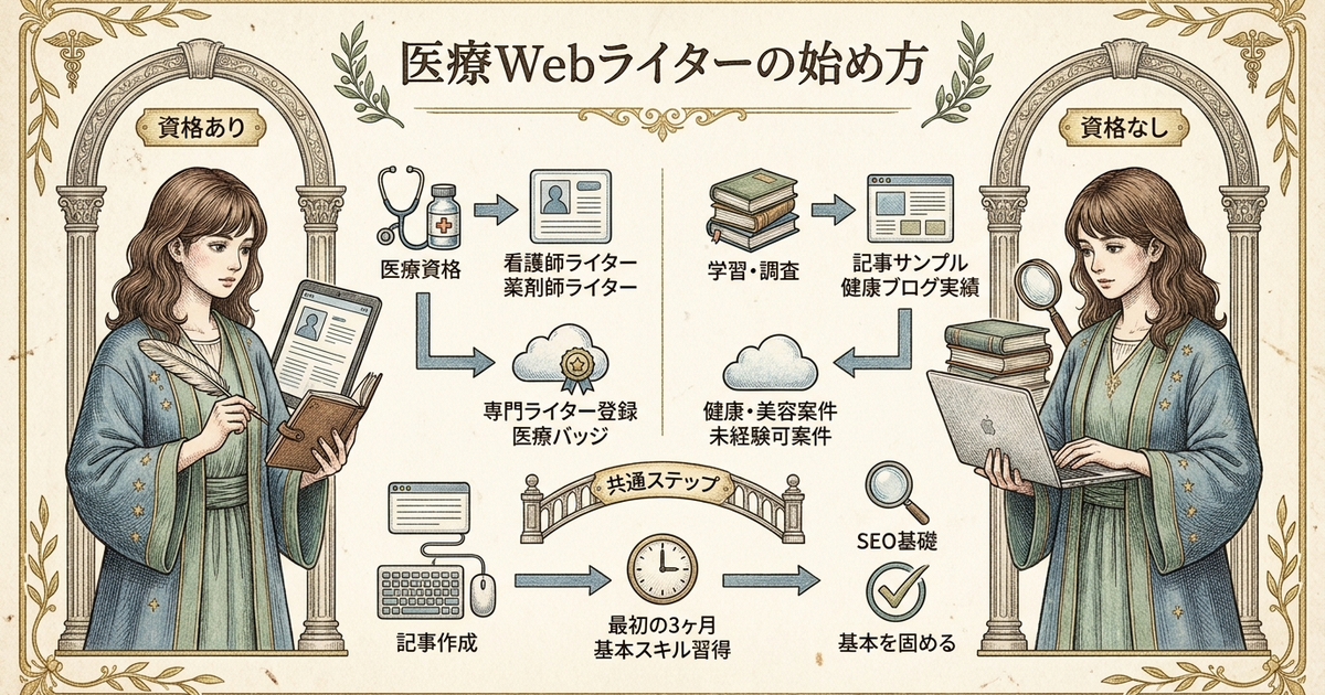 医療Webライターの始め方を、資格の有無で分けて整理する